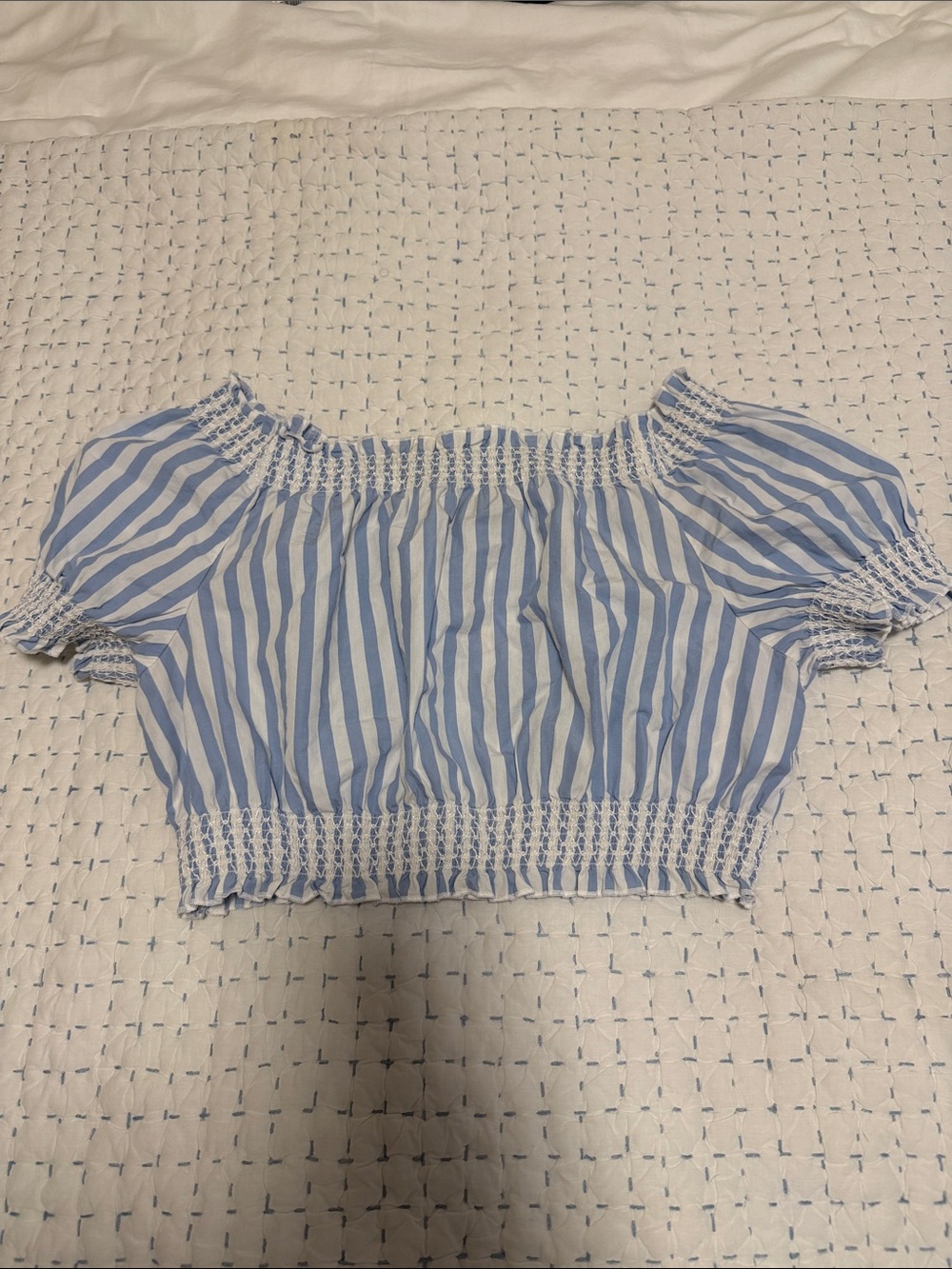 J. Crew Blue and White Striped Off-Shoulder Crop Top